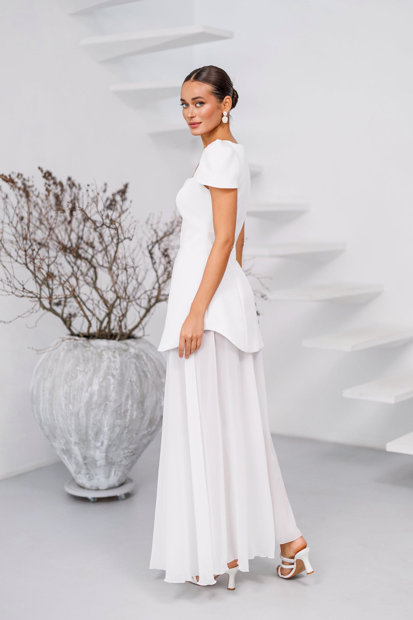 Elara White Square-Neck Puff-Sleeve Chiffon Maxi Dress