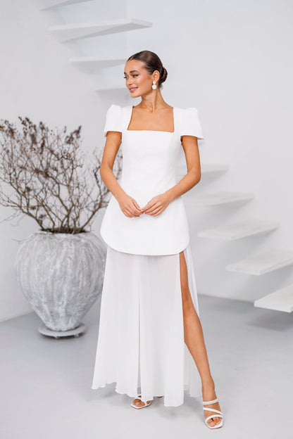 Elara White Square-Neck Puff-Sleeve Chiffon Maxi Dress