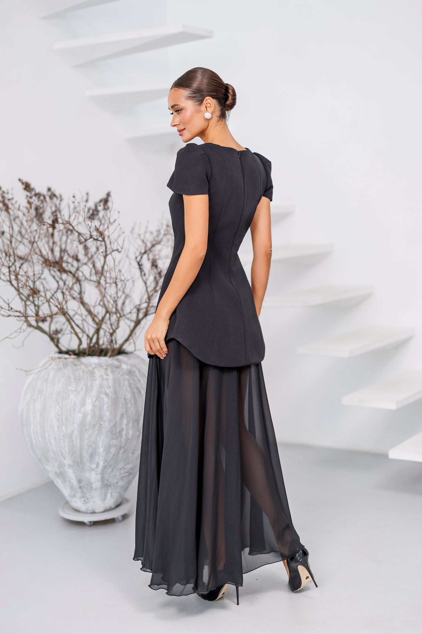 Elara Black Square-Neck Puff-Sleeve Chiffon Maxi Dress