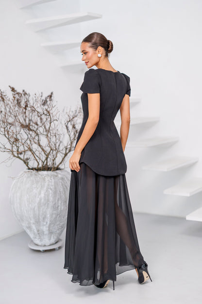 Elara Black Square-Neck Puff-Sleeve Chiffon Maxi Dress