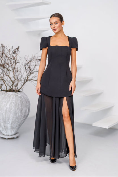 Elara Black Square-Neck Puff-Sleeve Chiffon Maxi Dress