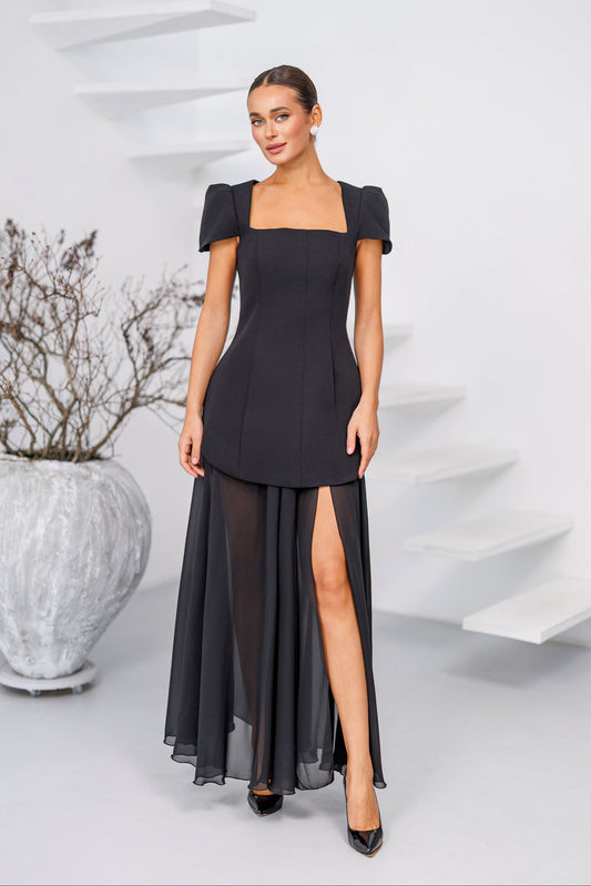 Elara Black Square-Neck Puff-Sleeve Chiffon Maxi Dress
