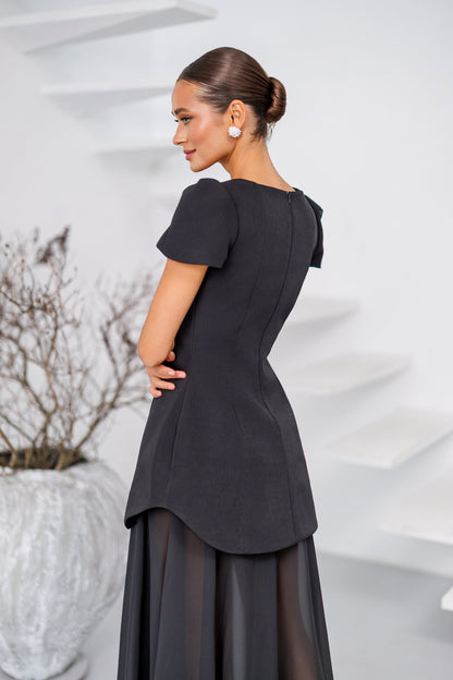 Elara Black Square-Neck Puff-Sleeve Chiffon Maxi Dress