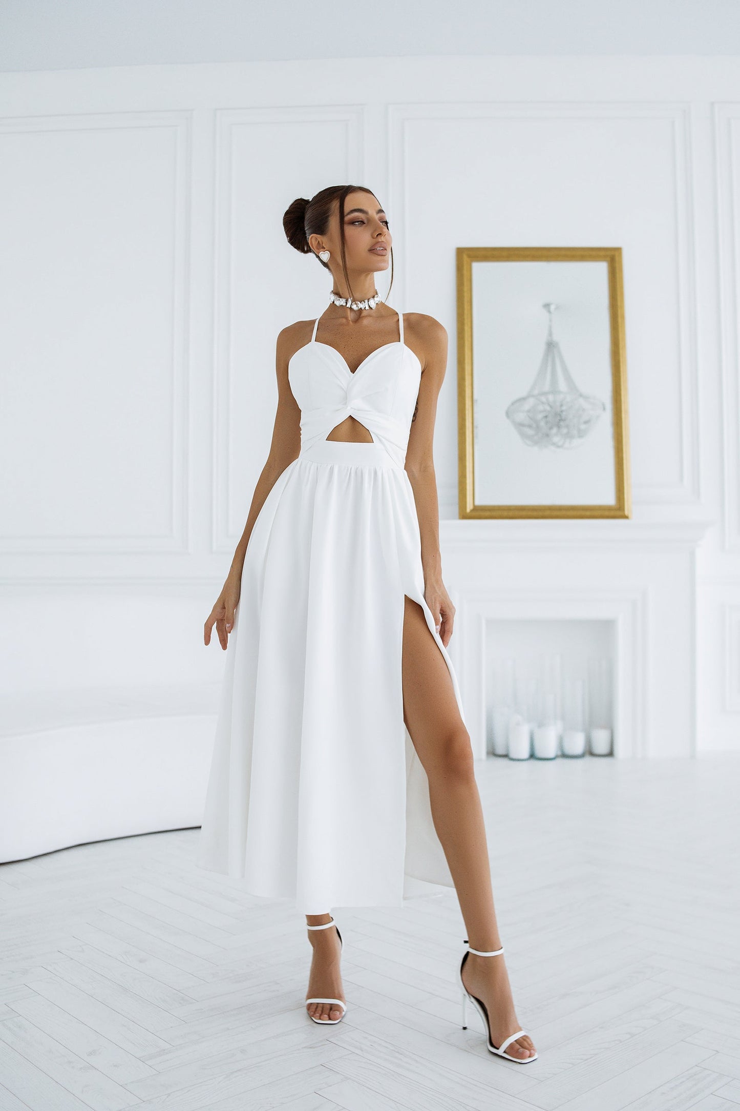 White Sweetheart Cut-Out Midi Dress