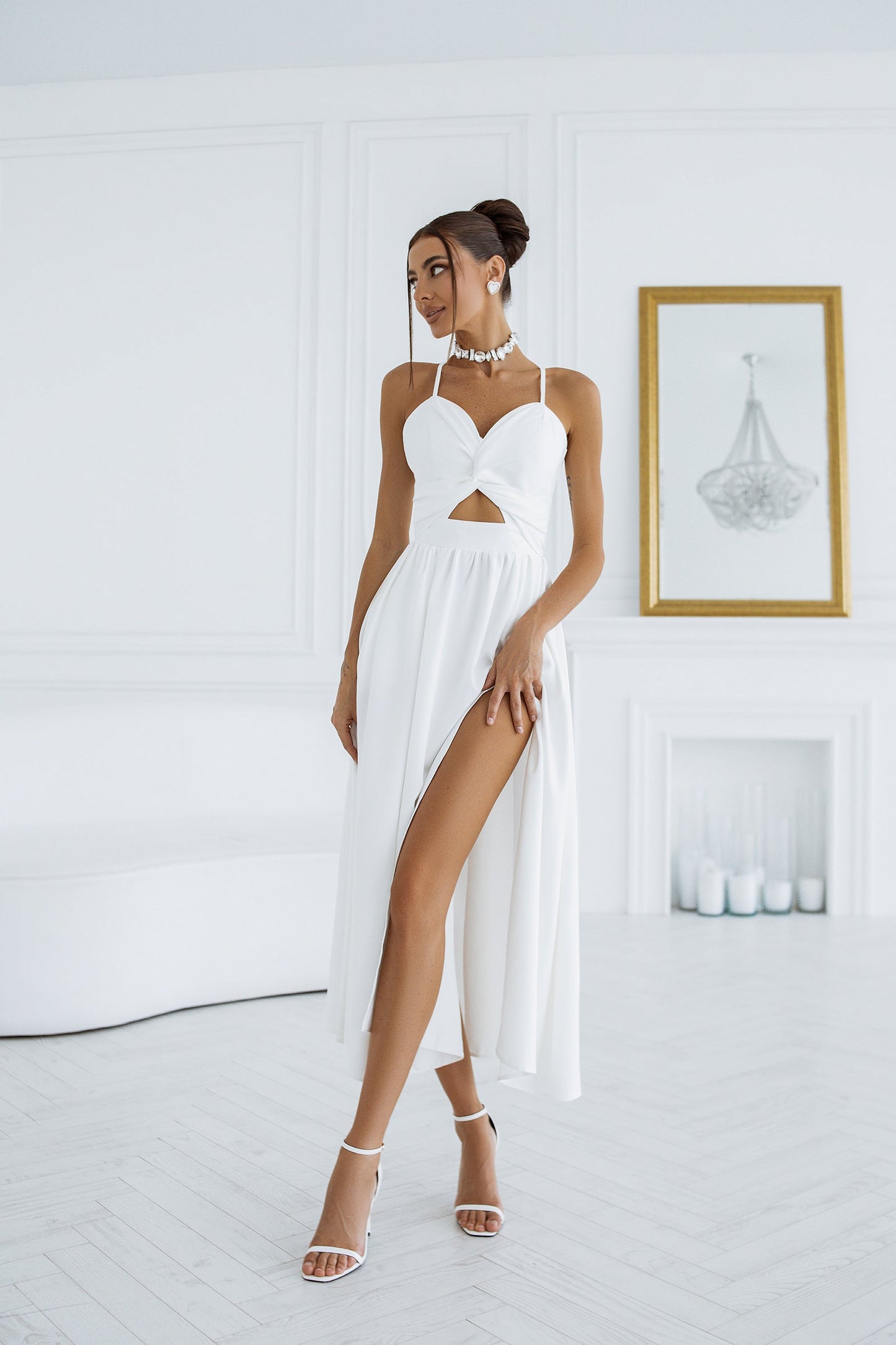 White Sweetheart Cut-Out Midi Dress