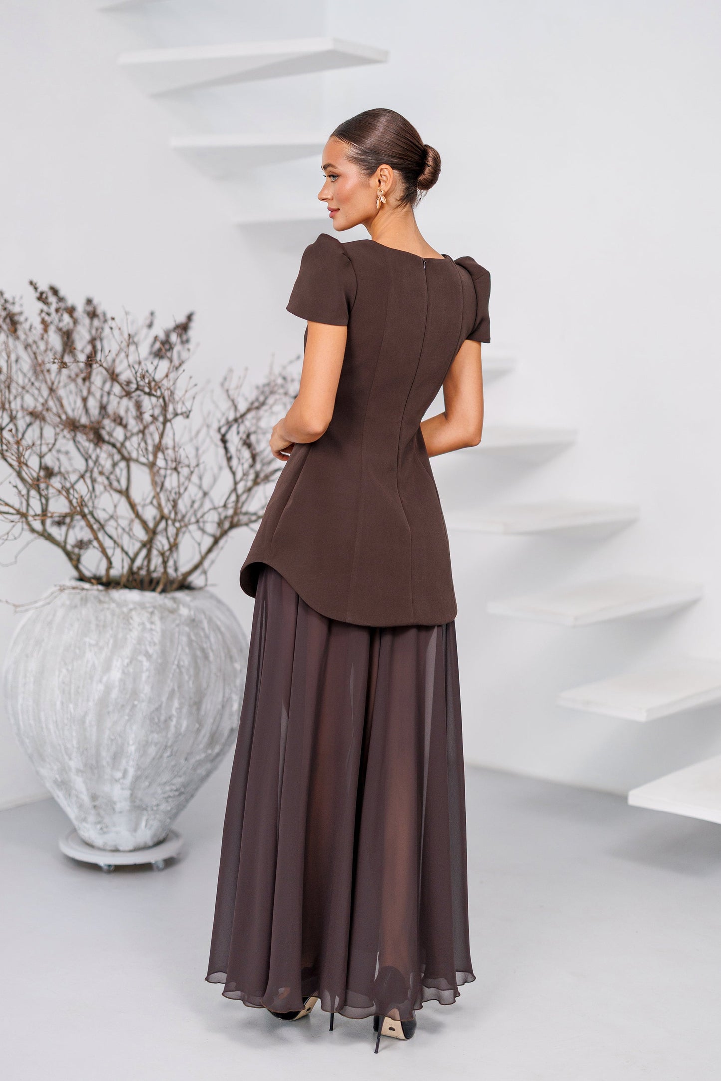 Elara Brown Square-Neck Puff-Sleeve Chiffon Maxi Dress