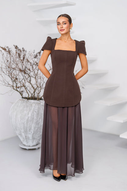 Elara Brown Square-Neck Puff-Sleeve Chiffon Maxi Dress