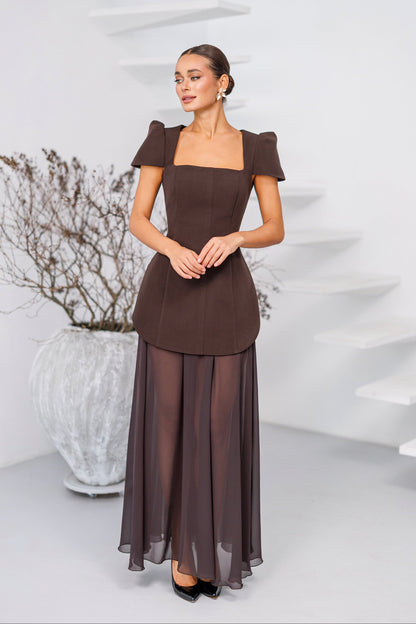 Elara Brown Square-Neck Puff-Sleeve Chiffon Maxi Dress