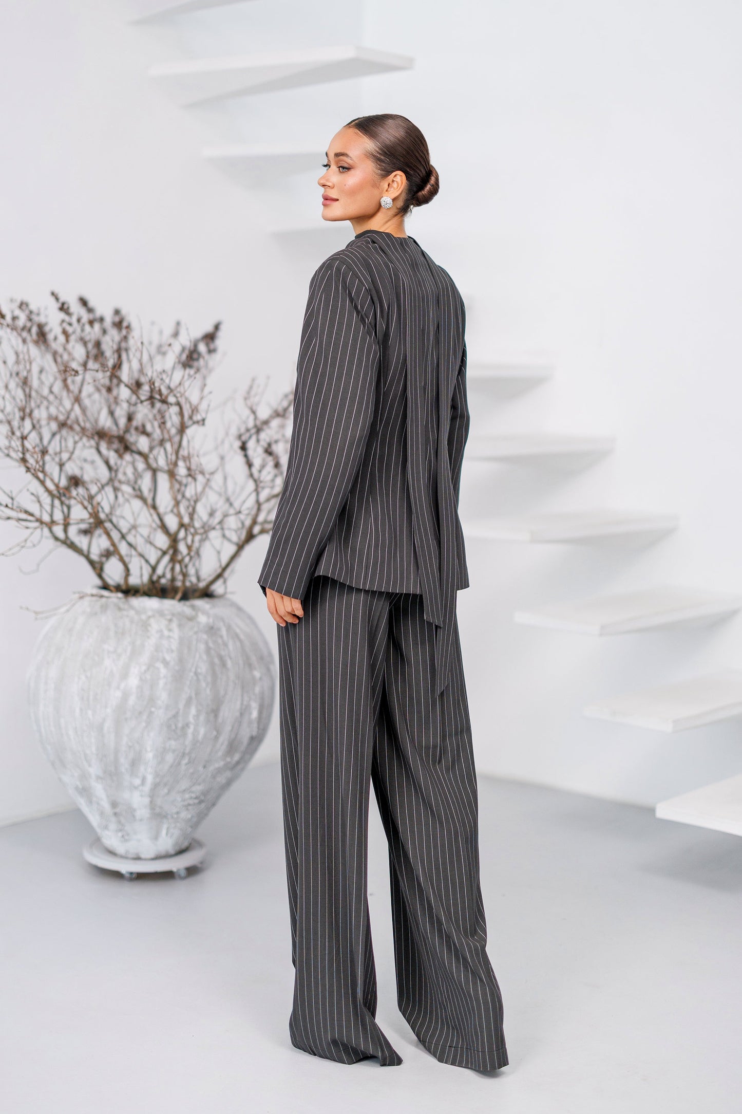 Dark Grey Striped Scarf-Neck Single-Breasted Suit 2-Piece