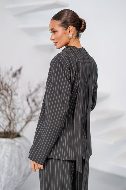 Dark Grey Striped Scarf-Neck Single-Breasted Suit 2-Piece