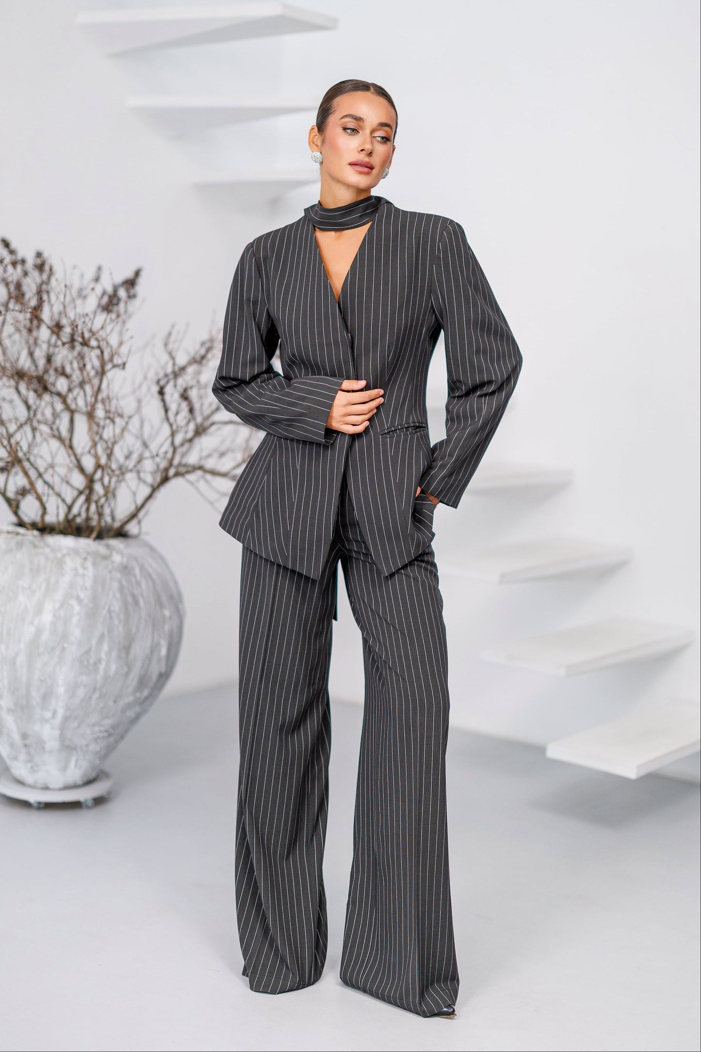 Dark Grey Striped Scarf-Neck Single-Breasted Suit 2-Piece