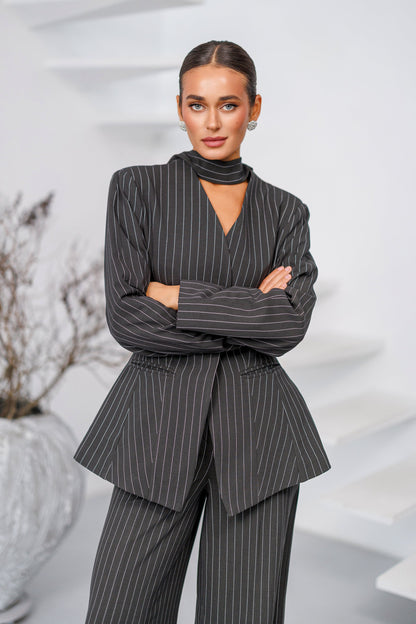 Dark Grey Striped Scarf-Neck Single-Breasted Suit 2-Piece