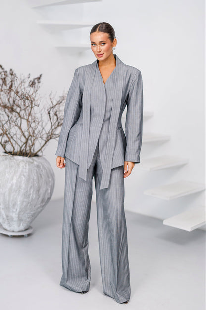 Grey Striped Scarf-Neck Single-Breasted Suit 2-Piece