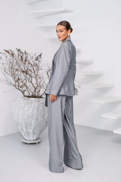 Grey Striped Scarf-Neck Single-Breasted Suit 2-Piece