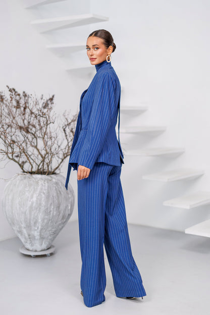 Navy Striped Scarf-Neck Single-Breasted Suit 2-Piece
