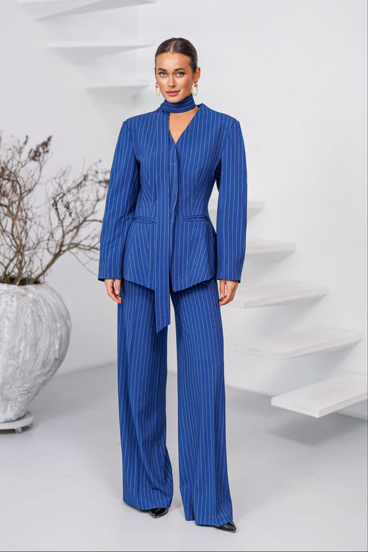 Navy Striped Scarf-Neck Single-Breasted Suit 2-Piece
