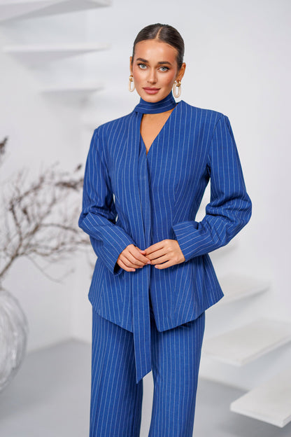 Navy Striped Scarf-Neck Single-Breasted Suit 2-Piece