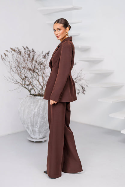 Kaia Brown Single-Breasted Pleated-Waist Suit 2-Piece