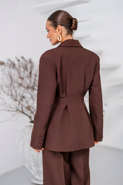 Kaia Brown Single-Breasted Pleated-Waist Suit 2-Piece