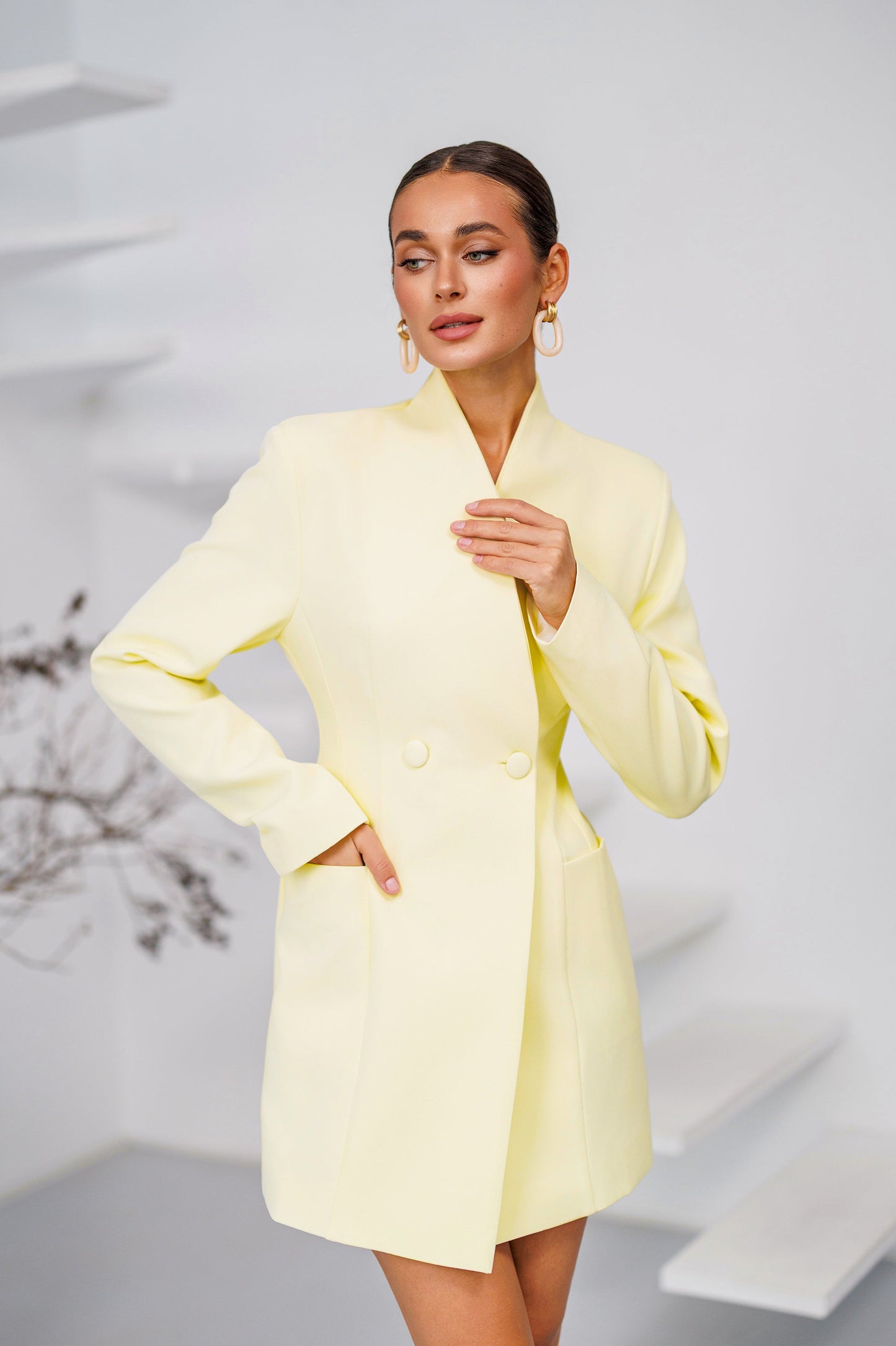 Monte Yellow Collarless Double-Breasted Blazer Dress