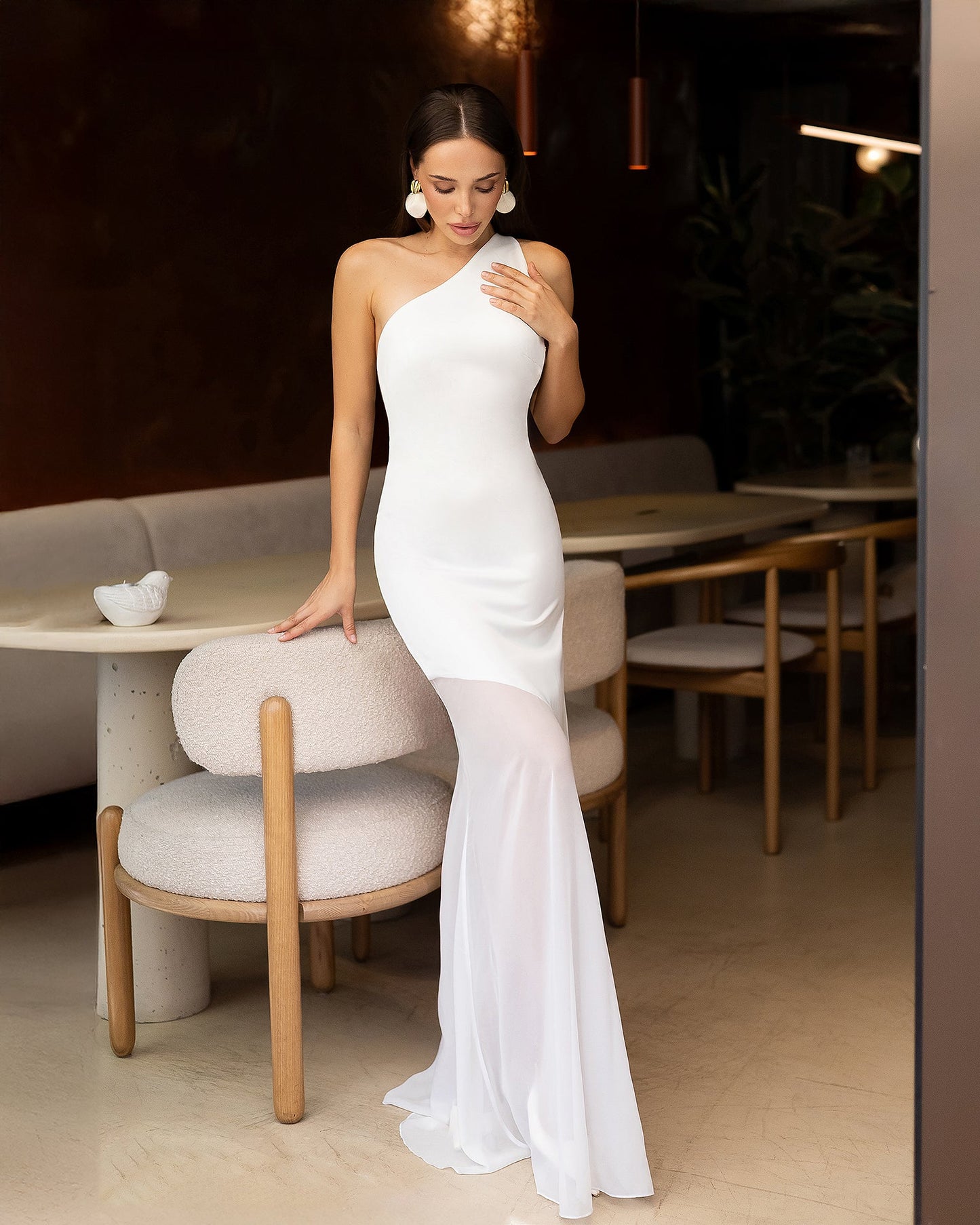 Liora White Satin One-Shoulder Backless Maxi Dress