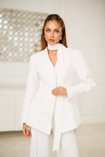 White Scarf-Neck Single-Breasted Suit 2-Piece
