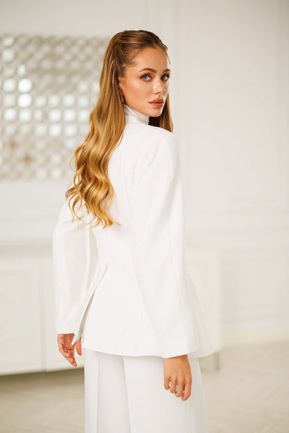 White Scarf-Neck Single-Breasted Suit 2-Piece