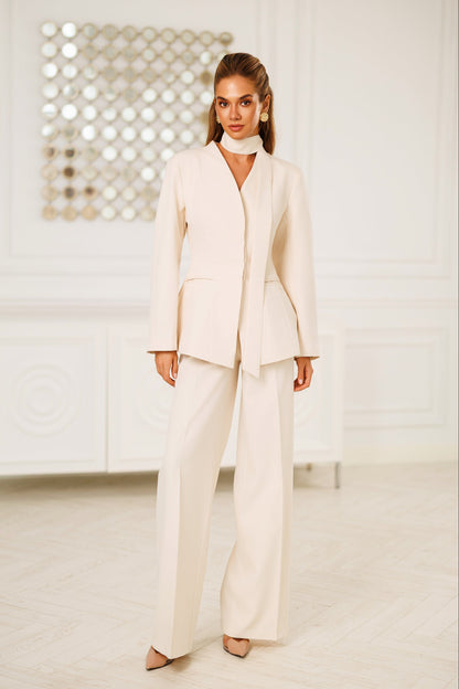 Beige Scarf-Neck Single-Breasted Suit 2-Piece