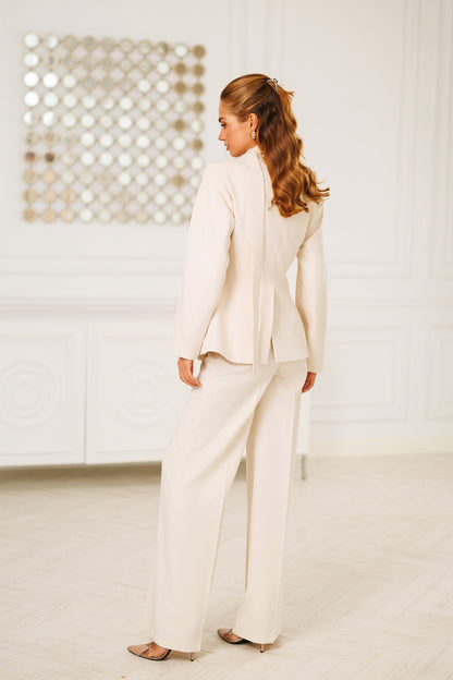 Beige Scarf-Neck Single-Breasted Suit 2-Piece