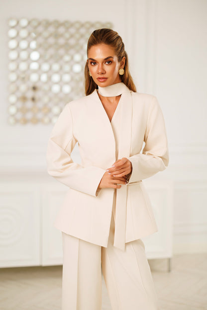Beige Scarf-Neck Single-Breasted Suit 2-Piece