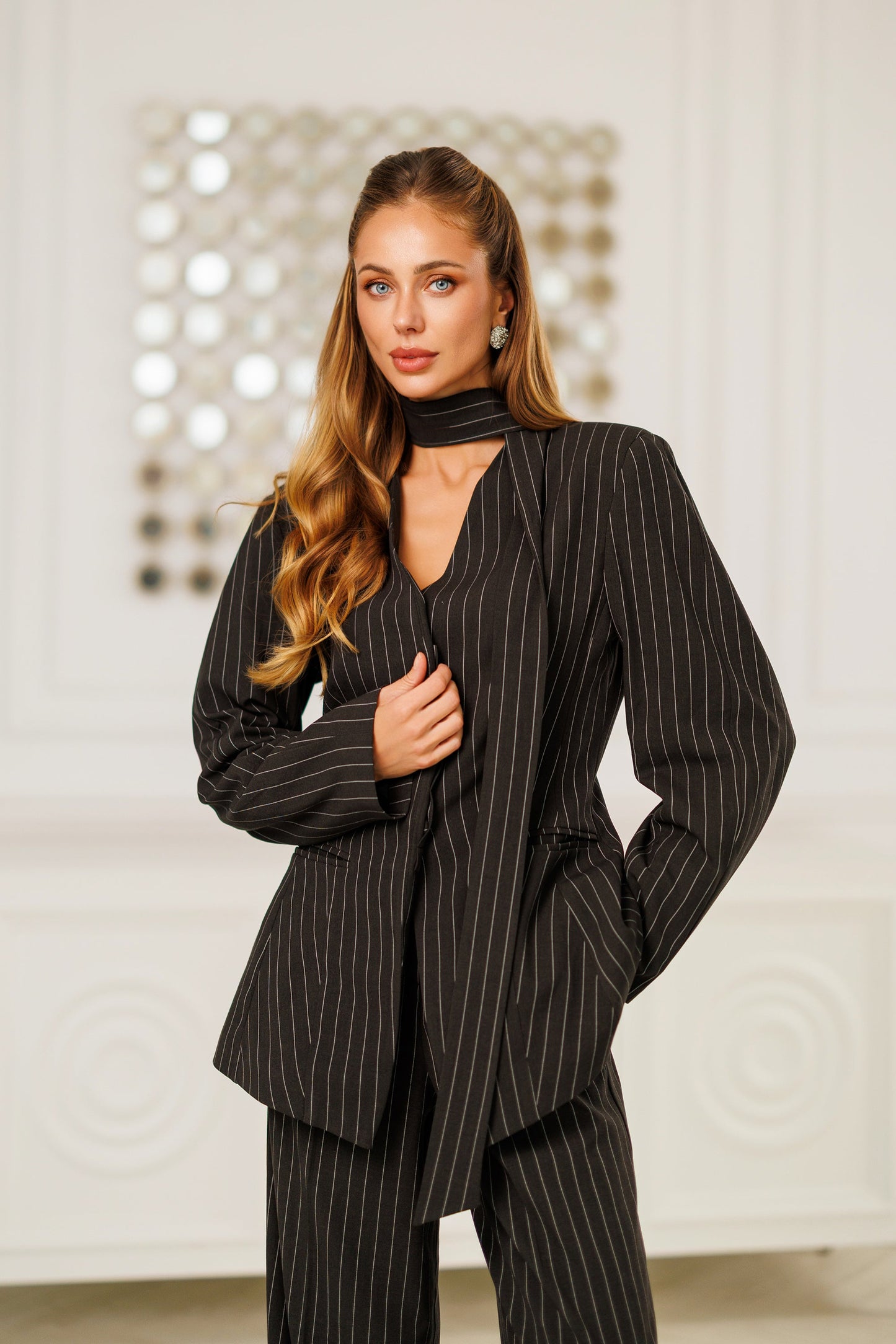 Dark Grey Striped Scarf-Neck Single-Breasted Suit 2-Piece