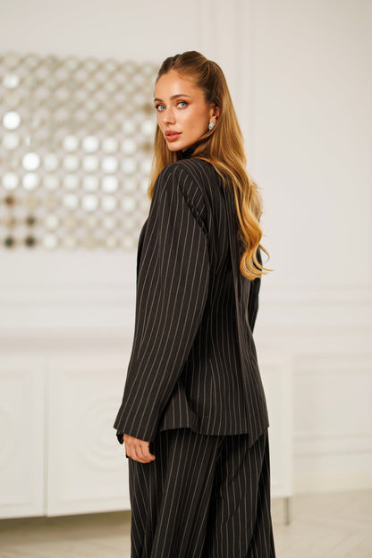 Dark Grey Striped Scarf-Neck Single-Breasted Suit 2-Piece