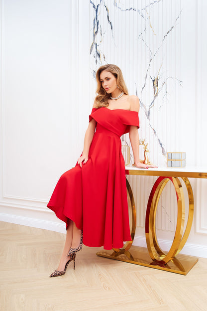 Red Off-The-Shoulder Midi Dress