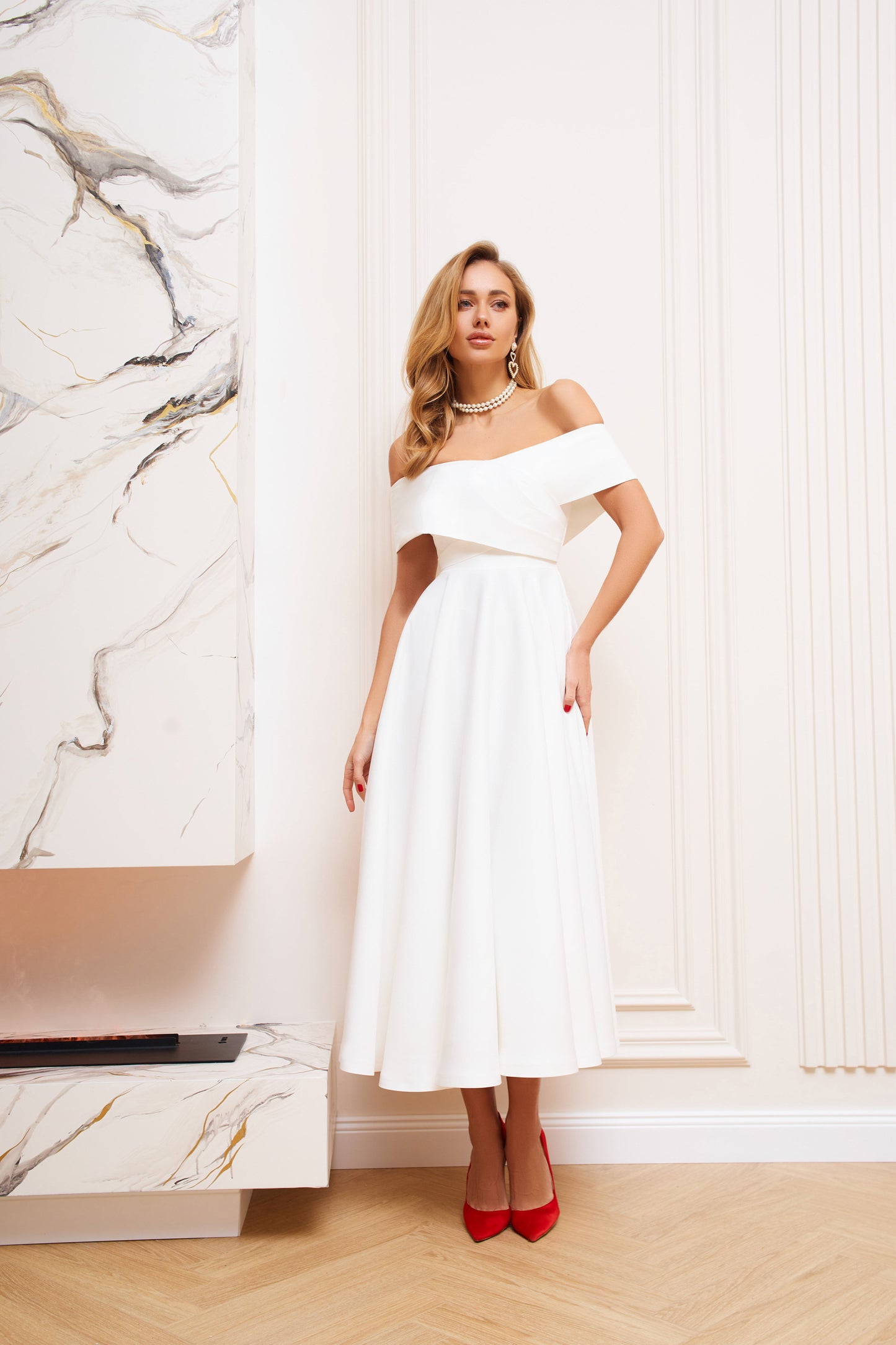 White Off-The-Shoulder Midi Dress