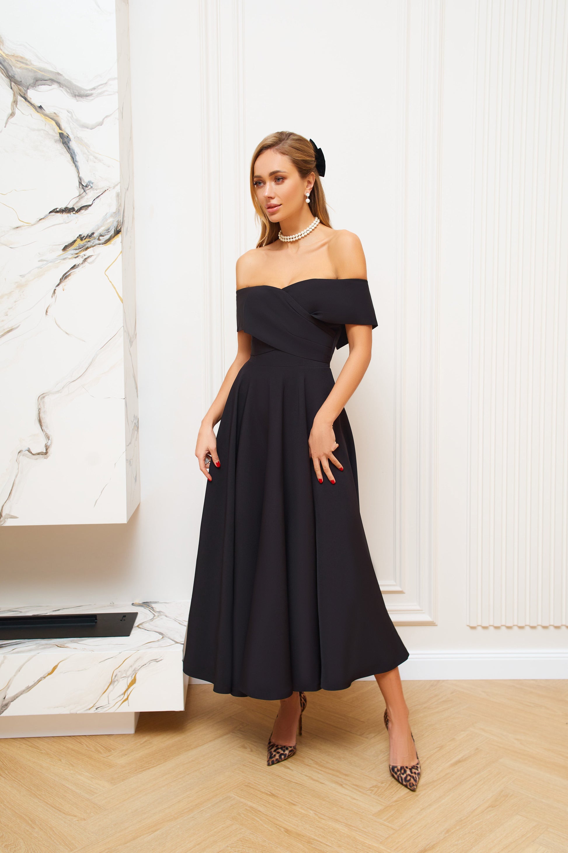 Black Off-The-Shoulder Midi Dress trinarosh Black Off-The-Shoulder Midi Dress trinarosh