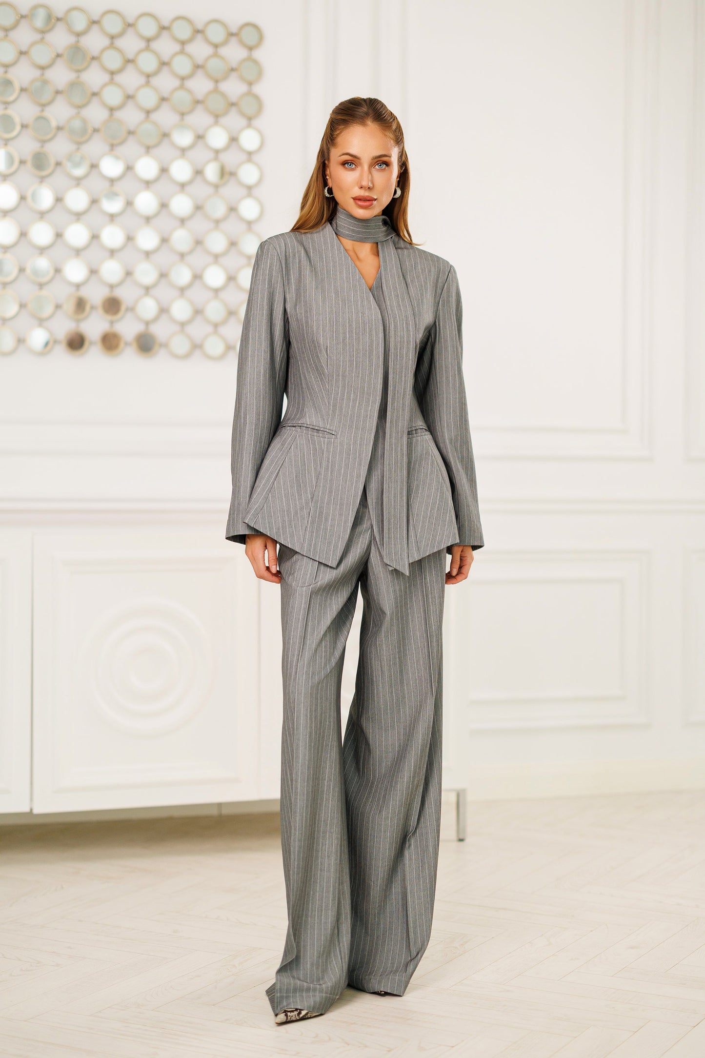 Grey Striped Scarf-Neck Single-Breasted Suit 2-Piece