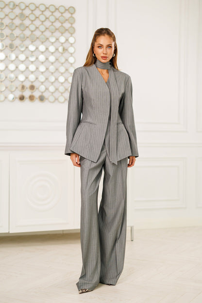 Grey Striped Scarf-Neck Single-Breasted Suit 2-Piece