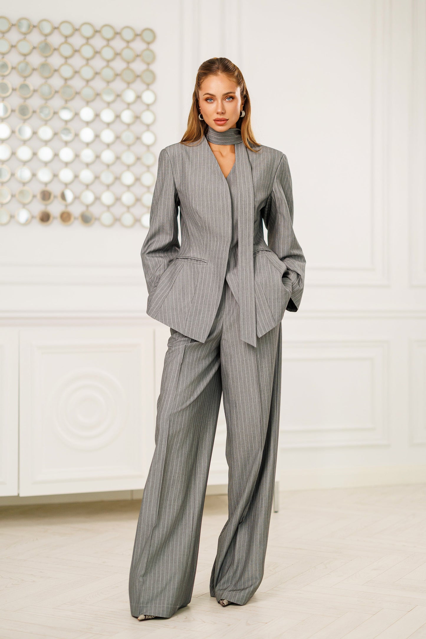 Grey Striped Scarf-Neck Single-Breasted Suit 2-Piece