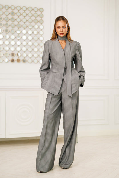 Grey Striped Scarf-Neck Single-Breasted Suit 2-Piece