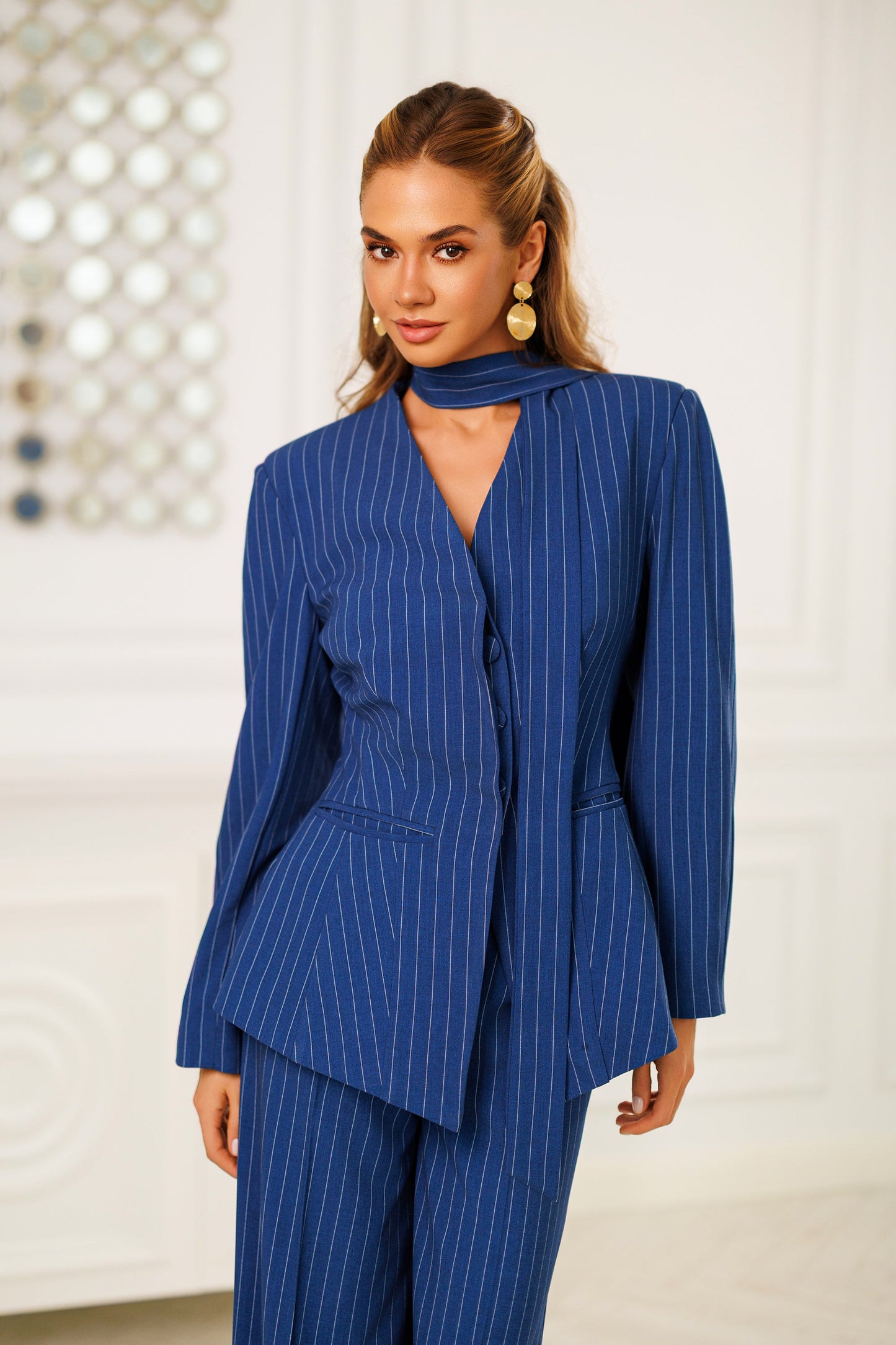 Navy Striped Scarf-Neck Single-Breasted Suit 2-Piece