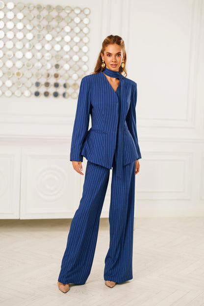 Navy Striped Scarf-Neck Single-Breasted Suit 2-Piece