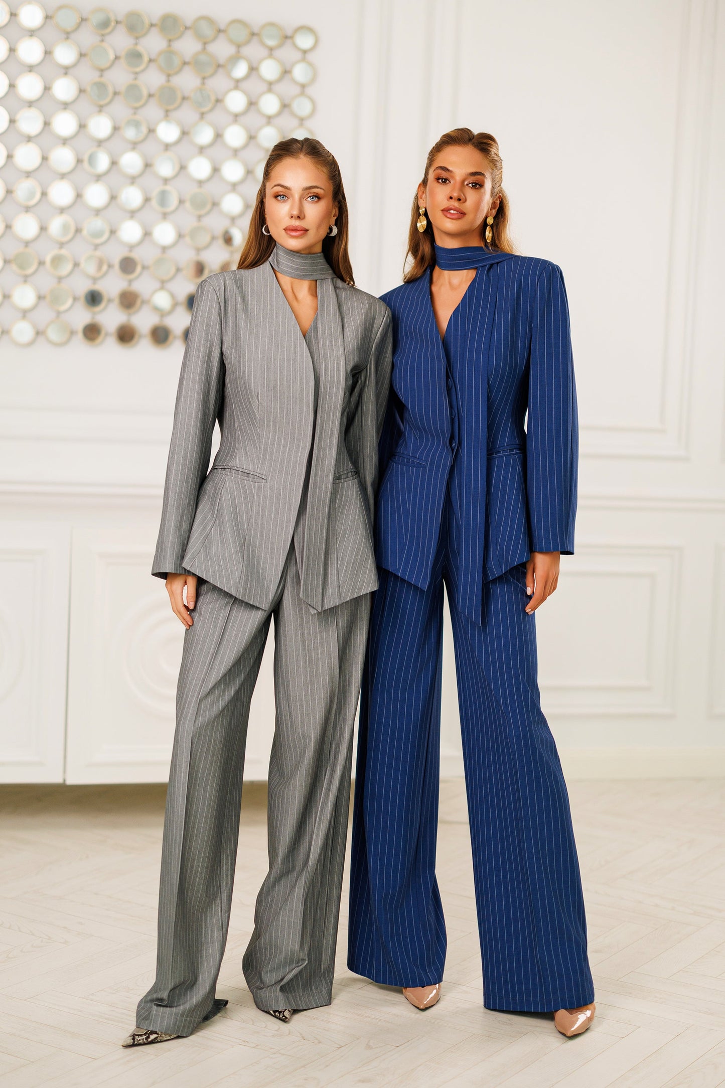 Grey Striped Scarf-Neck Single-Breasted Suit 2-Piece