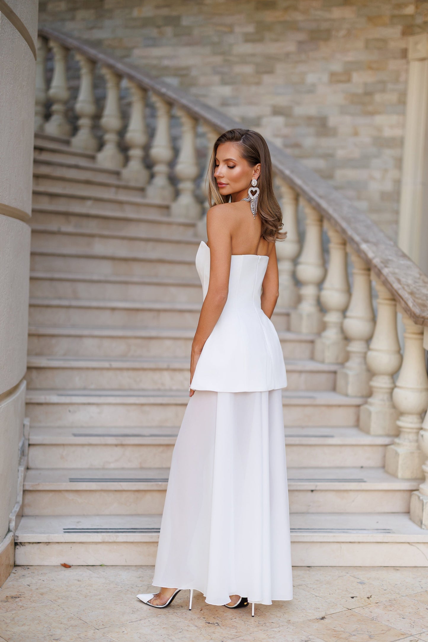 White Strapless Sweetheart Chiffon Skirt Maxi Dress
