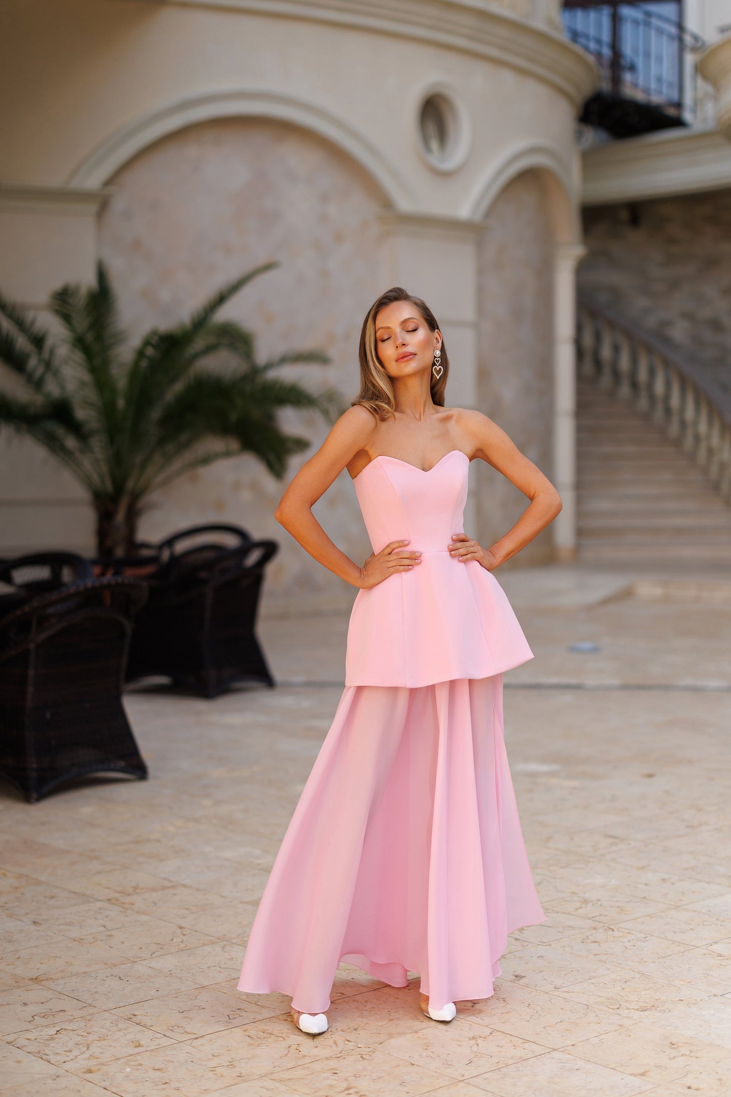 Pink Strapless Sweetheart Chiffon Skirt Maxi Dress