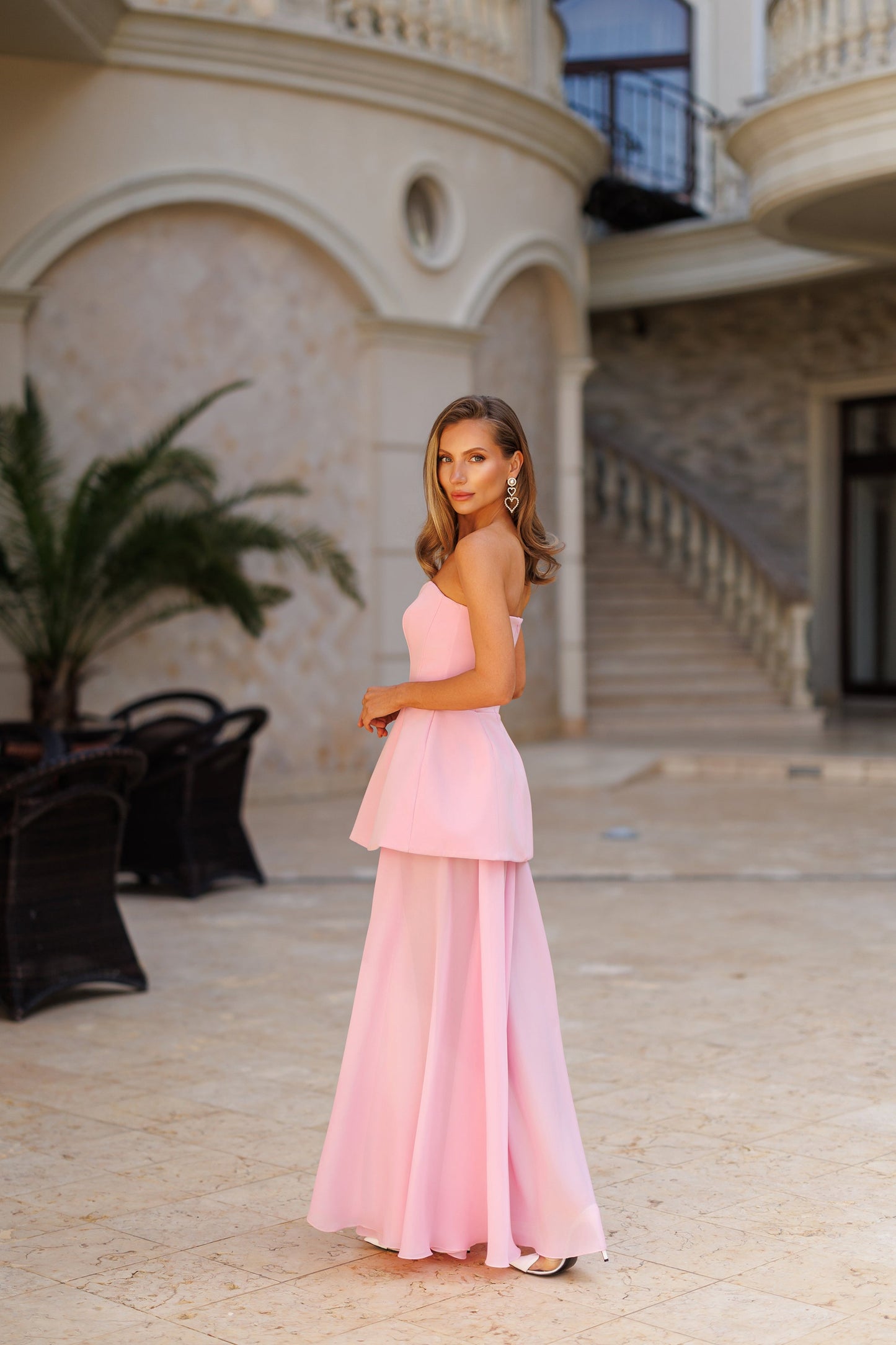 Pink Strapless Sweetheart Chiffon Skirt Maxi Dress