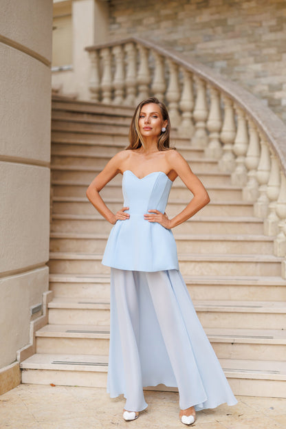 Sky-Blue Strapless Sweetheart Chiffon Skirt Maxi Dress