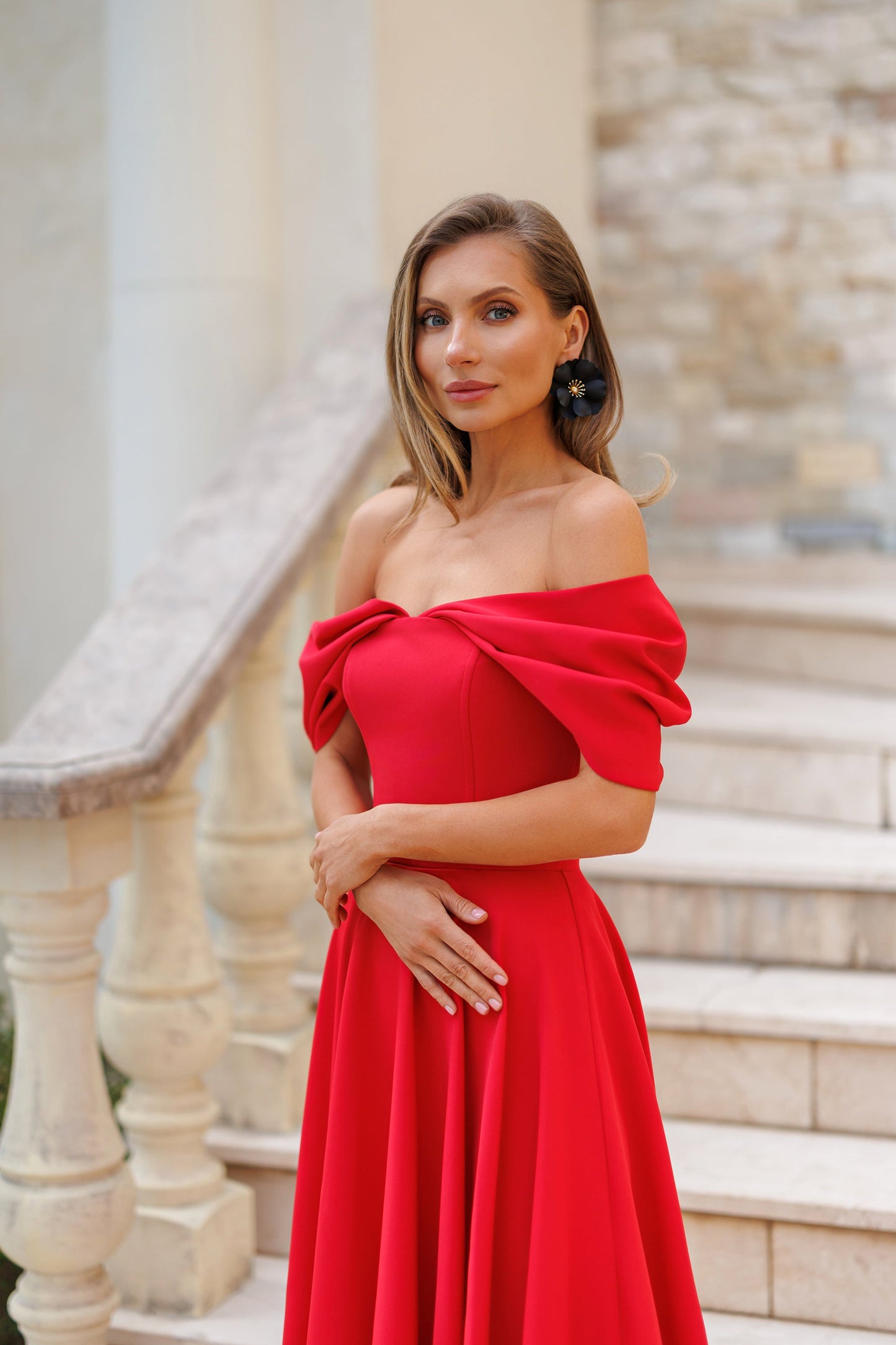 Red Off-The-Shoulder Draped Sleeve Midi Dress