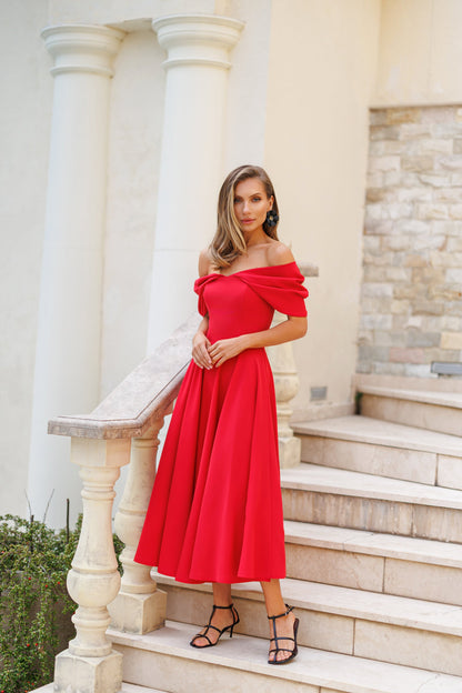 Red Off-The-Shoulder Draped Sleeve Midi Dress