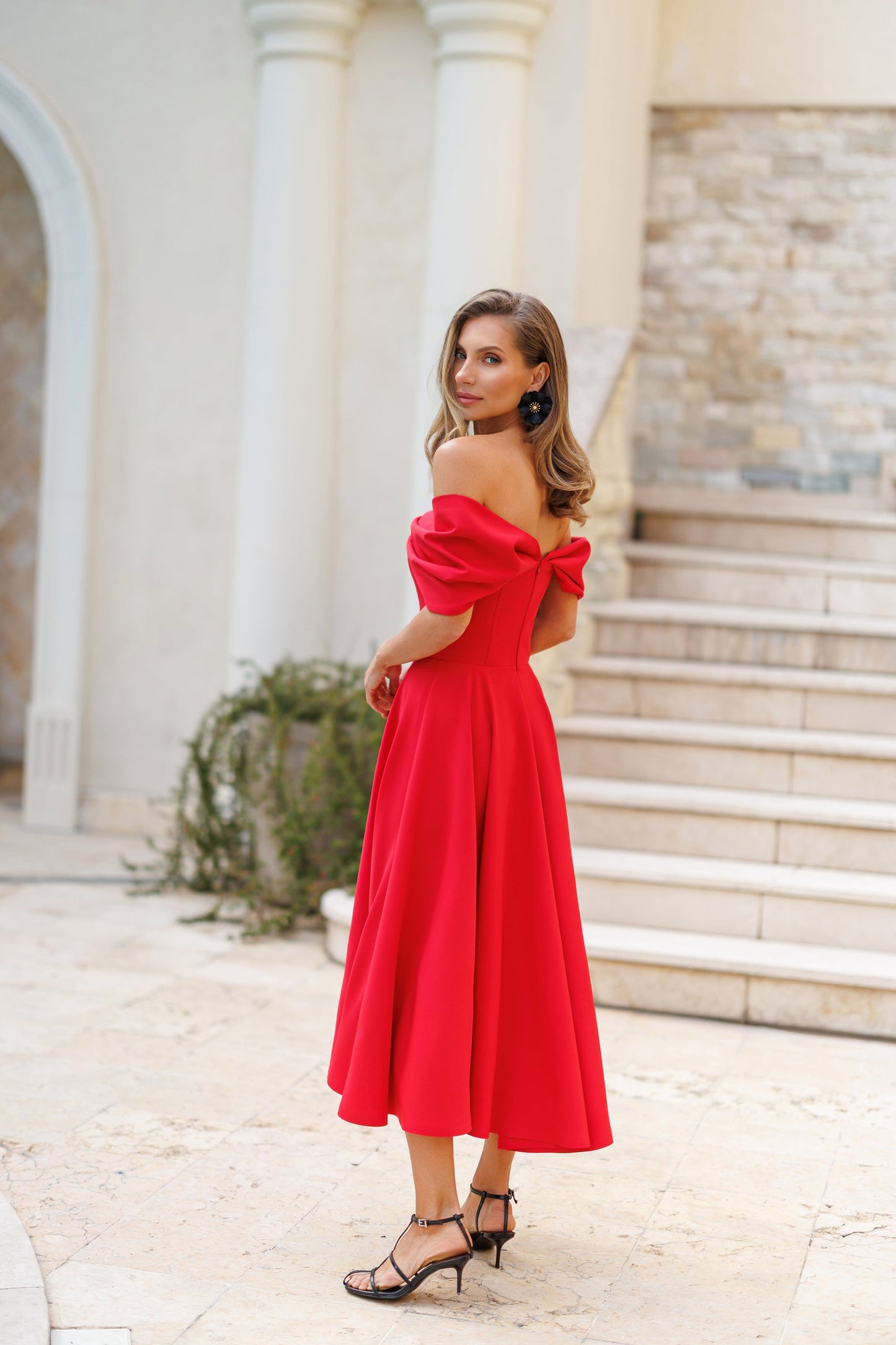Red Off-The-Shoulder Draped Sleeve Midi Dress