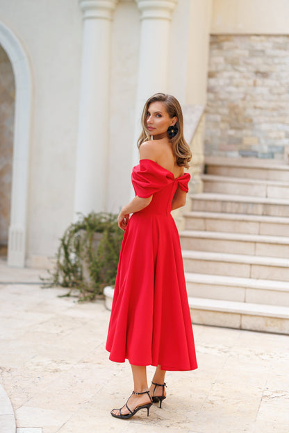 Red Off-The-Shoulder Draped Sleeve Midi Dress
